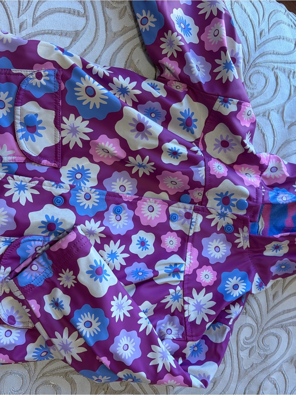 Hatley Purple Floral Kids Rain Jacket with Blue and Cream Flowers